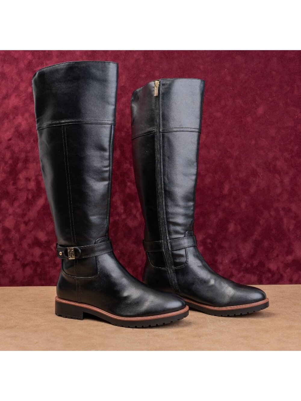 Tommy Hilfiger Wmn Black Faux Leather Riding Equestrian Wide Calf Boots sz 9